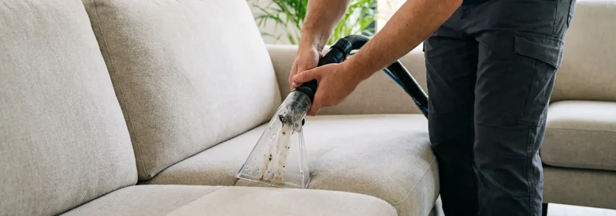 Technician extracting dirt and moisture from a fabric sofa with an upholstery cleaning wand, Shreveport, LA.